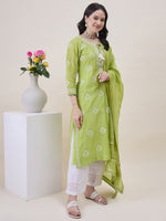 Load image into Gallery viewer, Green Chikankari Kurta Dupatta Set with Mukaish Work - Elegant Chanderi Ensemble