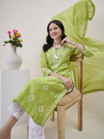 Load image into Gallery viewer, Green Chikankari Kurta Dupatta Set with Mukaish Work - Elegant Chanderi Ensemble