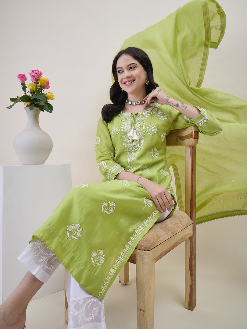 Green Chikankari Kurta Dupatta Set with Mukaish Work - Elegant Chanderi Ensemble