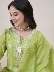 Green Chikankari Kurta Dupatta Set with Mukaish Work - Elegant Chanderi Ensemble