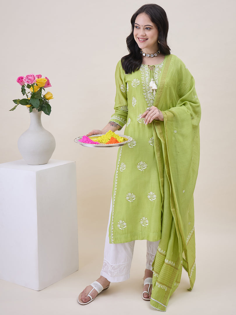 Green Chikankari Kurta Dupatta Set with Mukaish Work - Elegant Chanderi Ensemble