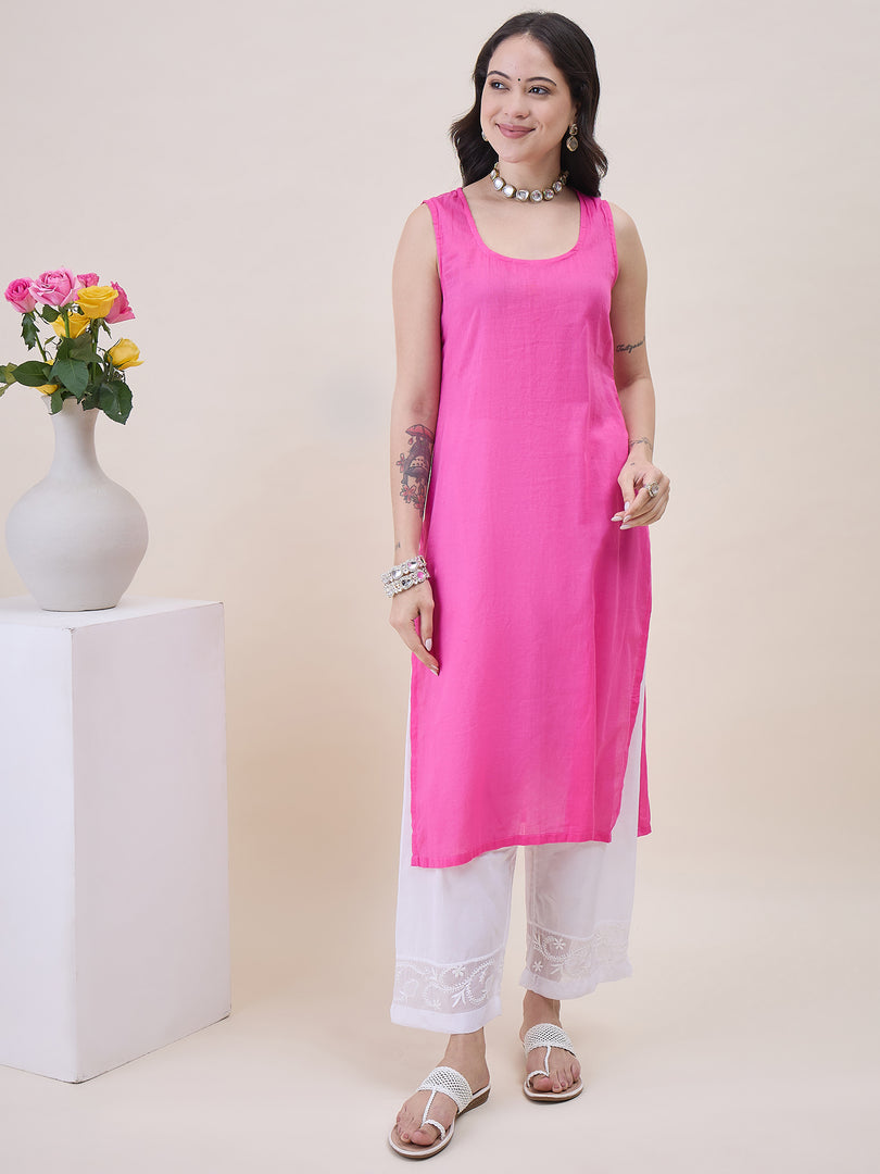 Pink Chanderi Kurta Set with Chikankari & Mukaish Work