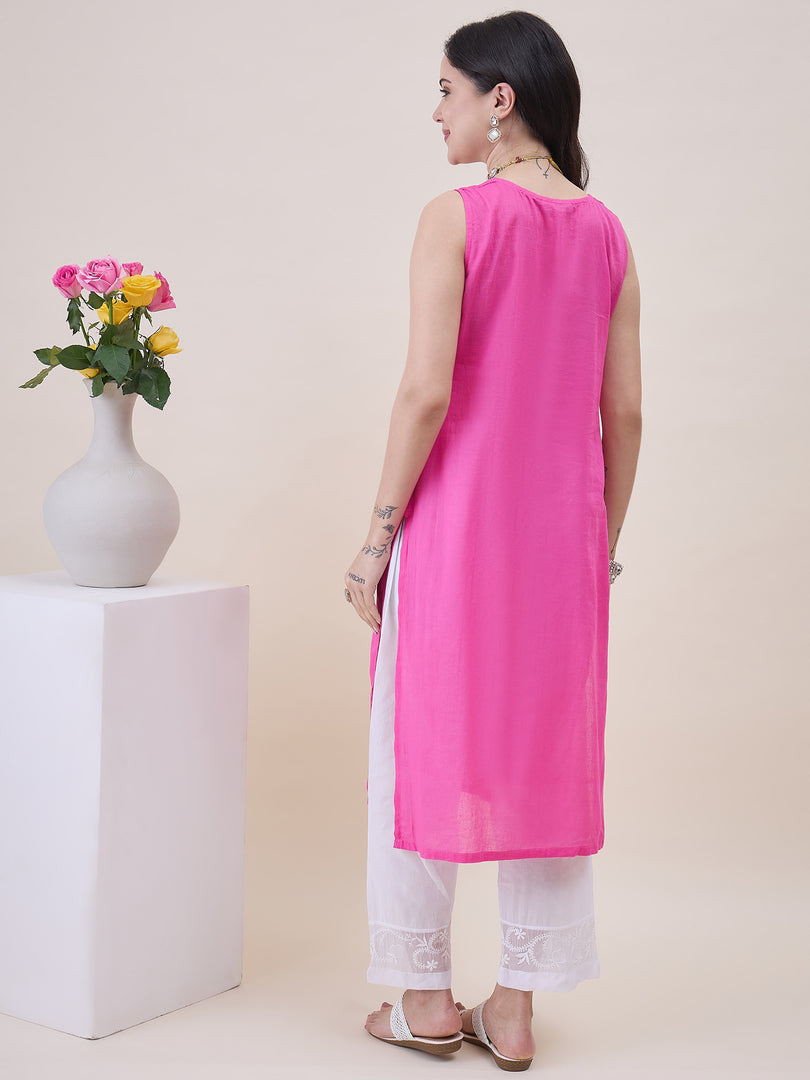 Pink Chanderi Kurta Set with Chikankari & Mukaish Work