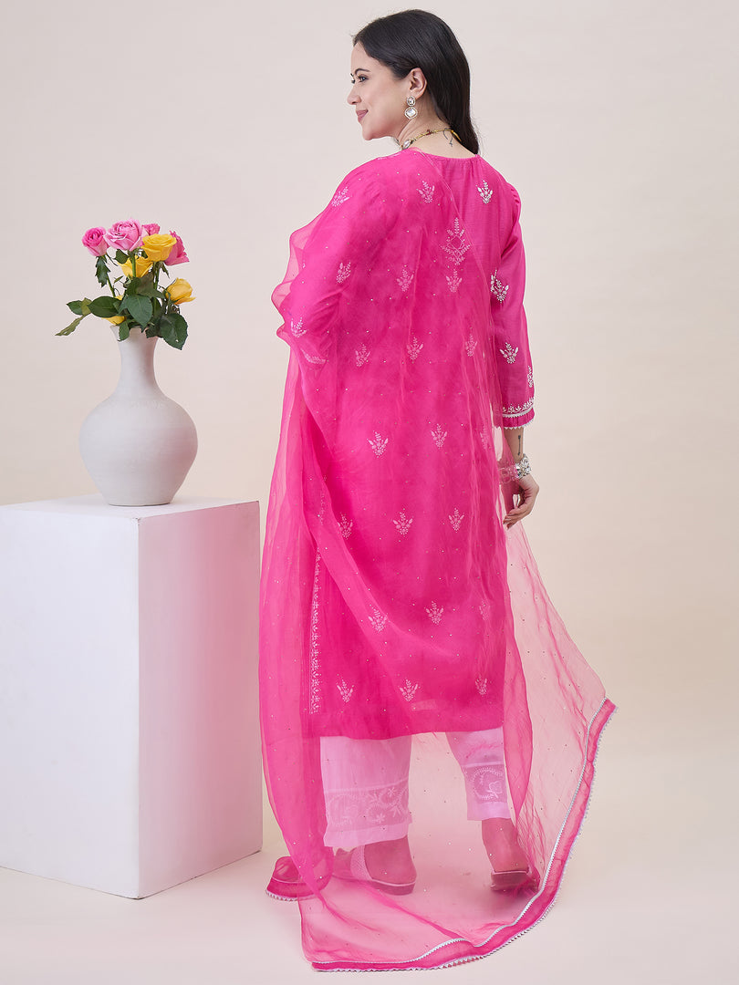 Pink Chanderi Kurta Set with Chikankari & Mukaish Work