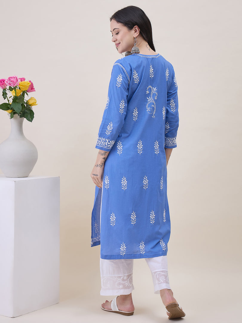Bluish Grey Cotton Chikankari Kurta for Women | Round Neck