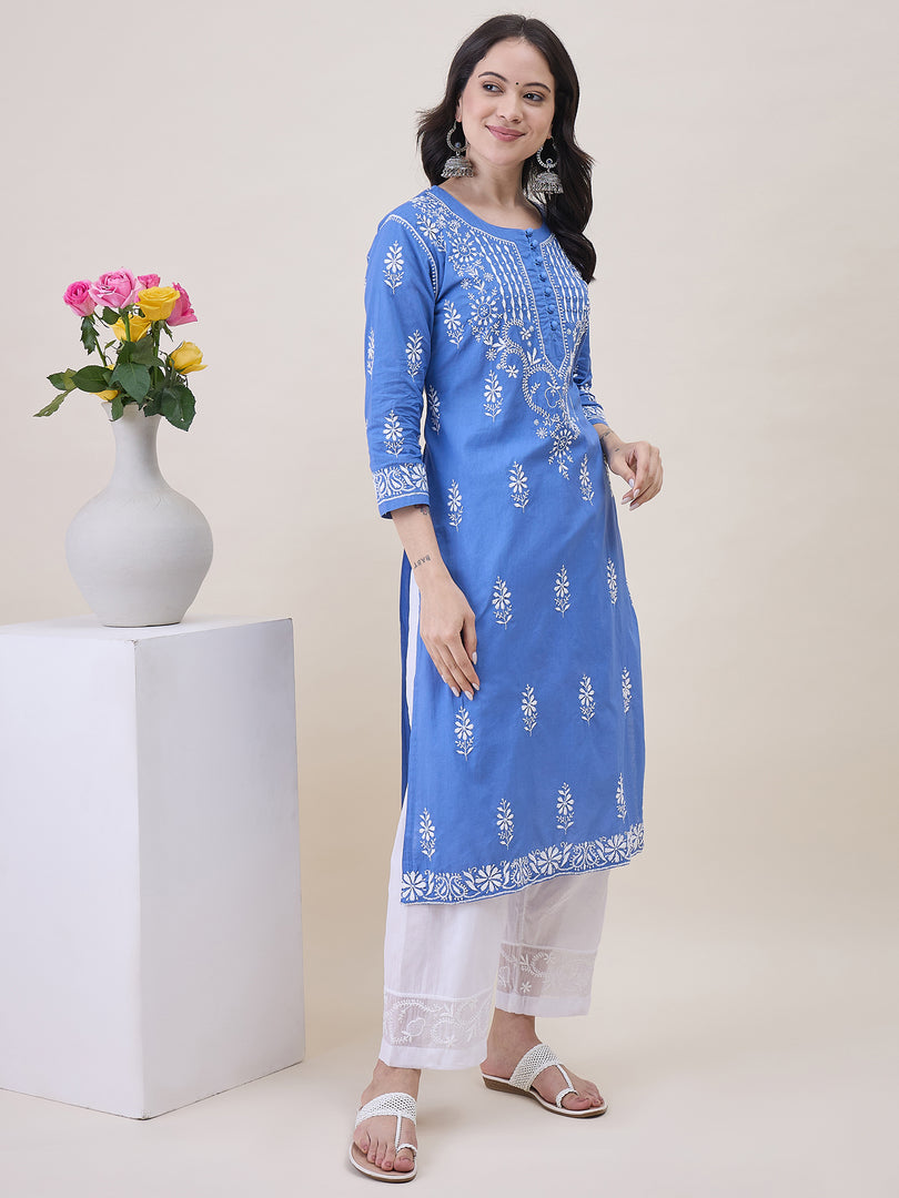 Bluish Grey Cotton Chikankari Kurta for Women | Round Neck