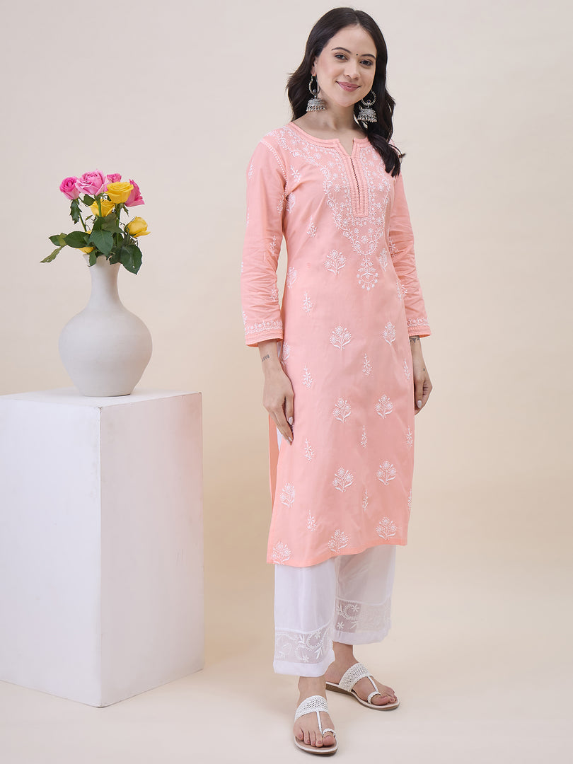 Peach Chikanakri Embroidered Kurta
