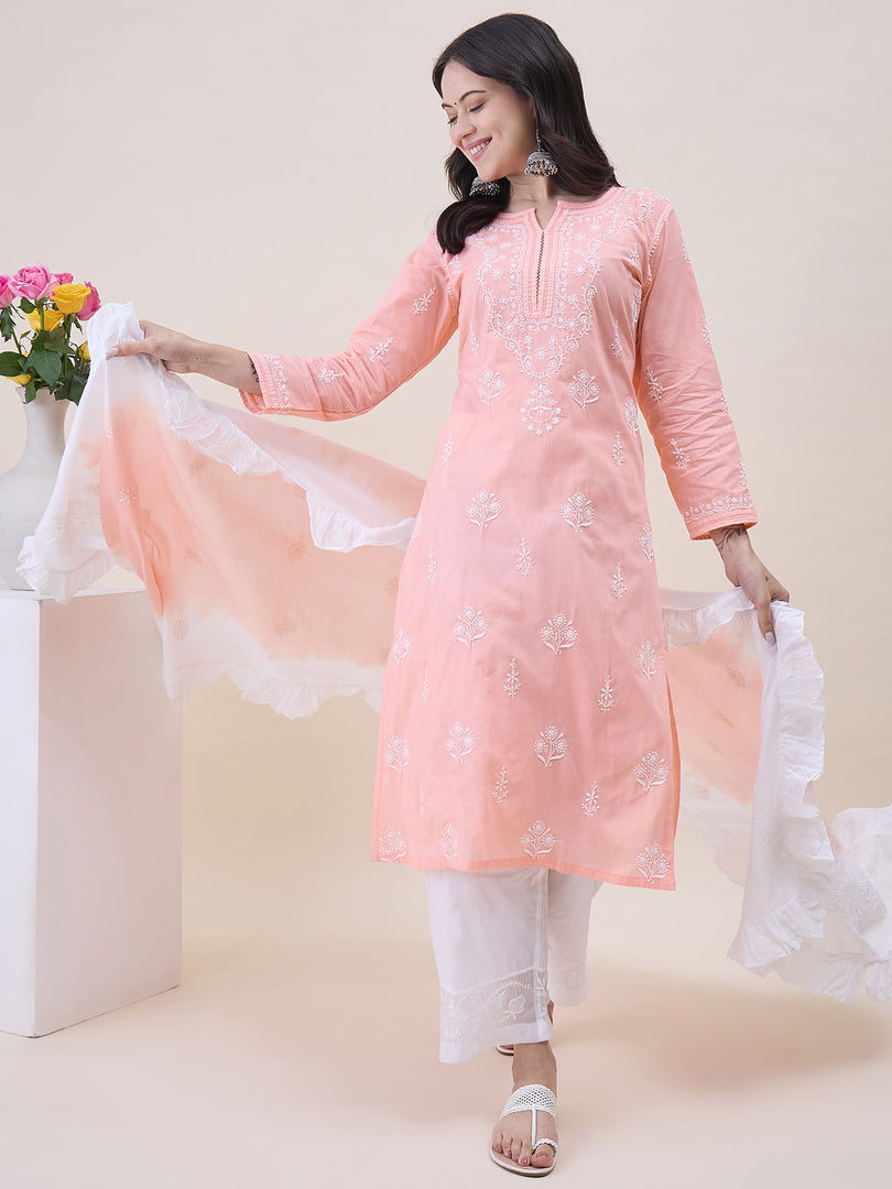Peach Chikanakri Embroidered Kurta