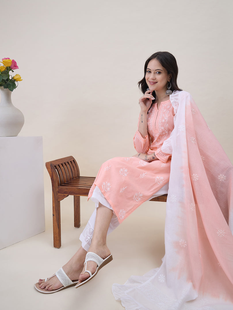 Peach Chikanakri Embroidered Kurta