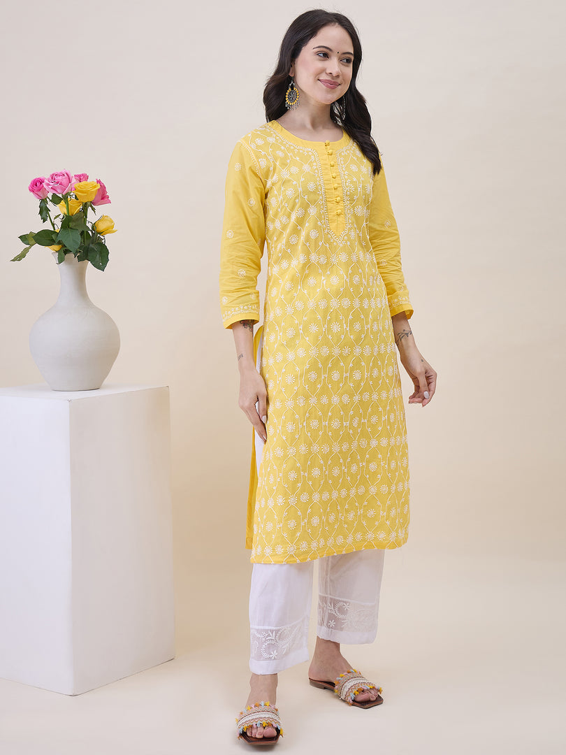 Yellow Chikankari Embroidered Kurta