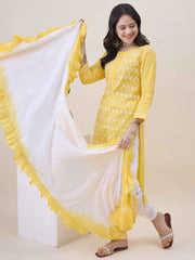 White & Yellow Cotton Mulmul Dupatta with Chikankari Embroidery