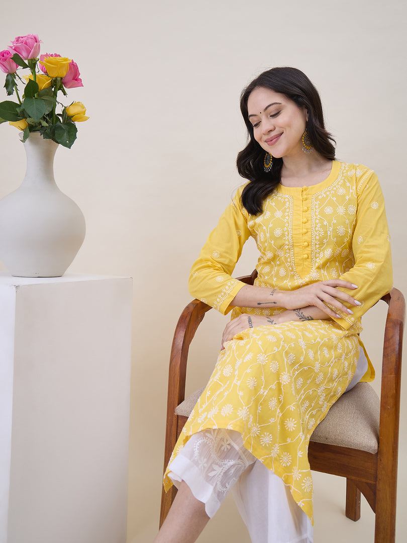 Yellow Chikankari Embroidered Kurta