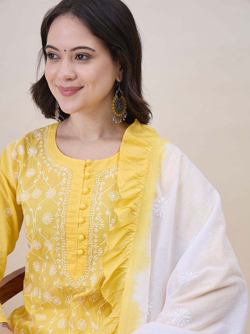 Yellow Chikankari Embroidered Kurta