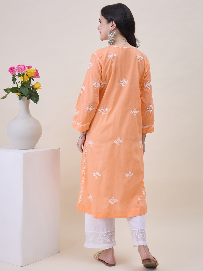 Peach chikankari cotton round neck kurta with front ties and side pockets