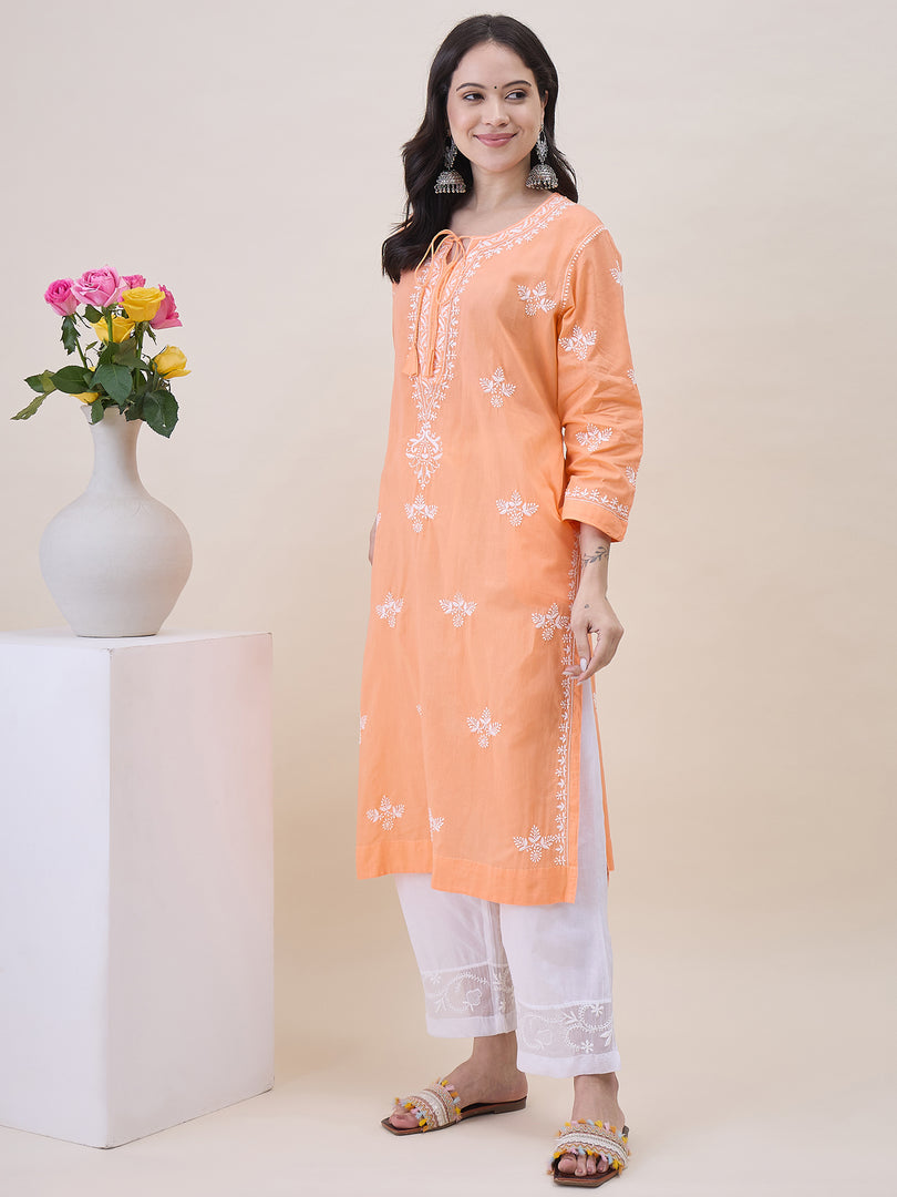 Peach chikankari cotton round neck kurta with front ties and side pockets