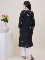 Load image into Gallery viewer, Black Cotton Chikankari Kurta for Women | Round Neck with Side Pockets