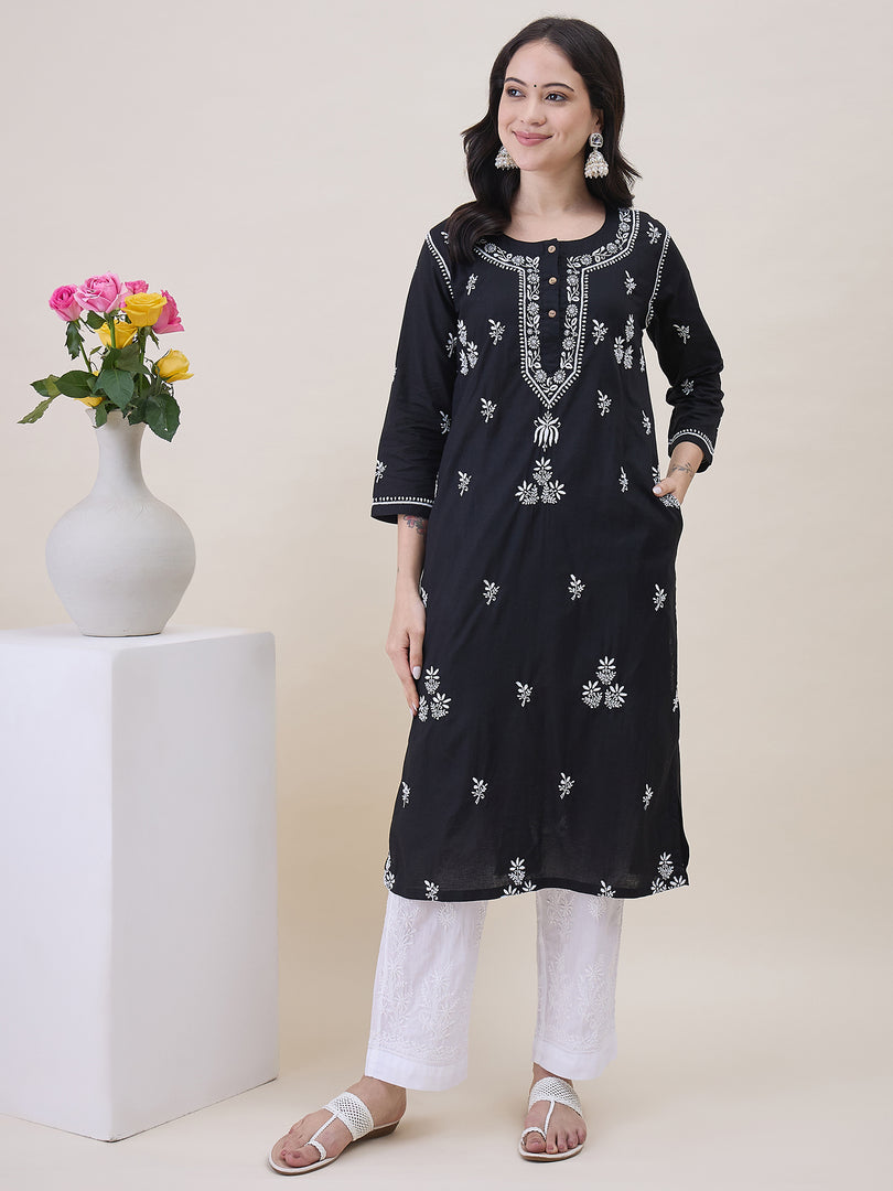 Black Cotton Chikankari Kurta for Women | Round Neck with Side Pockets