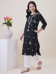 Black Cotton Chikankari Kurta for Women | Round Neck with Side Pockets