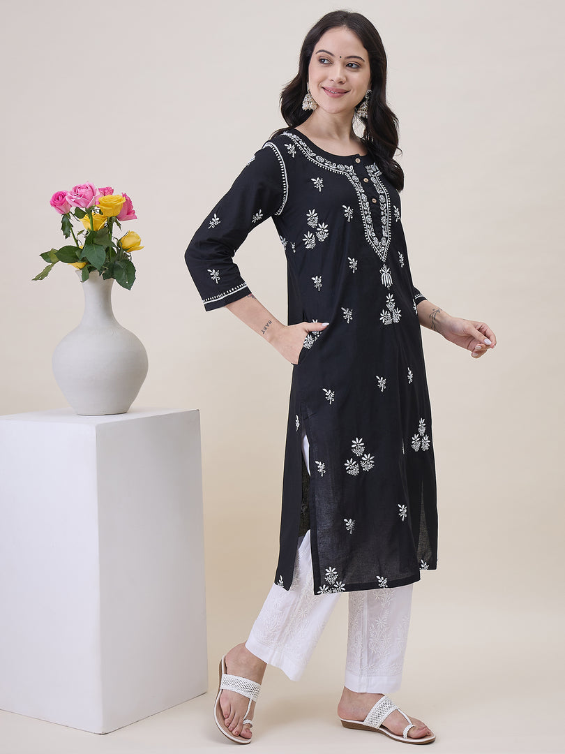 Black Cotton Chikankari Kurta for Women | Round Neck with Side Pockets