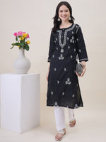 Load image into Gallery viewer, Black Cotton Chikankari Kurta for Women | Round Neck with Side Pockets