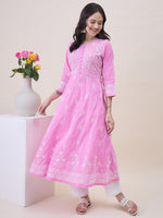 Load image into Gallery viewer, Pink Cotton Round Neck Anarkali with Chikankari Embroidery