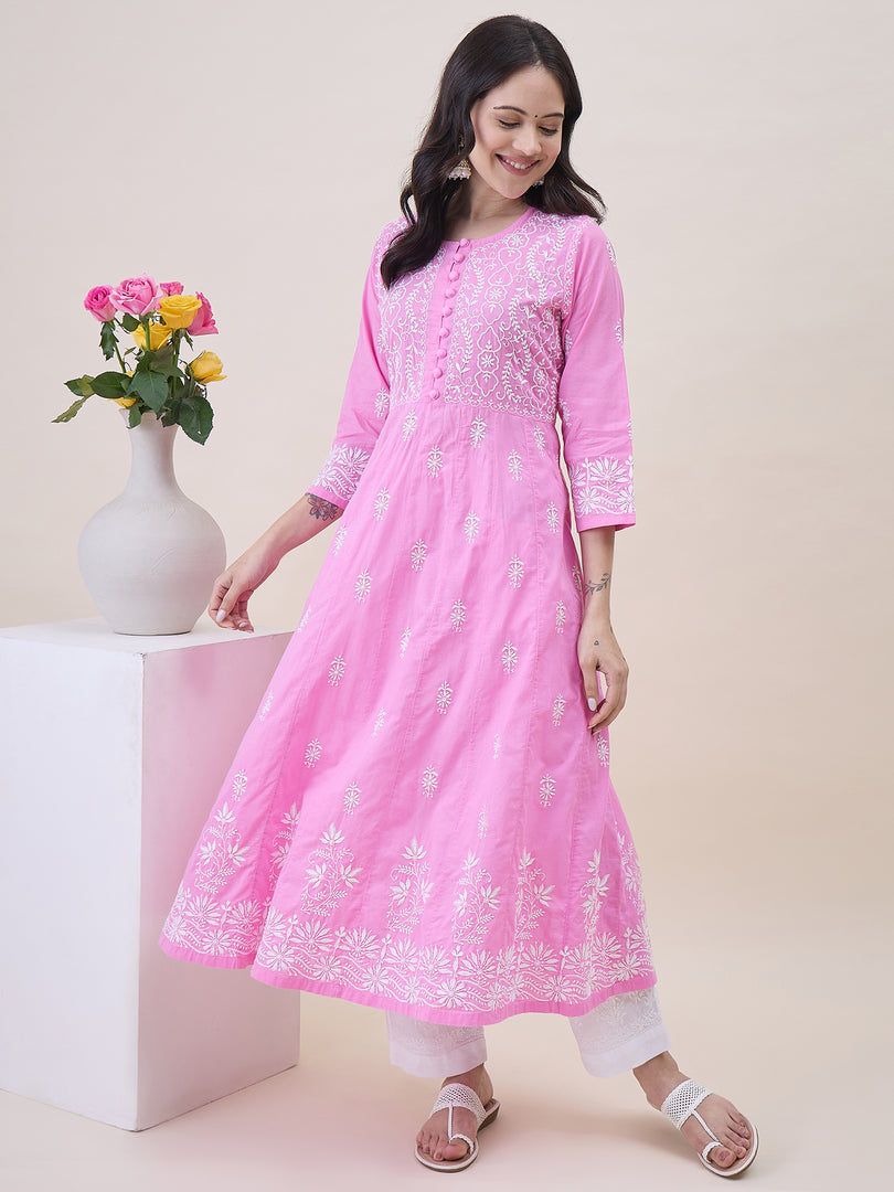 Pink Cotton Round Neck Anarkali with Chikankari Embroidery
