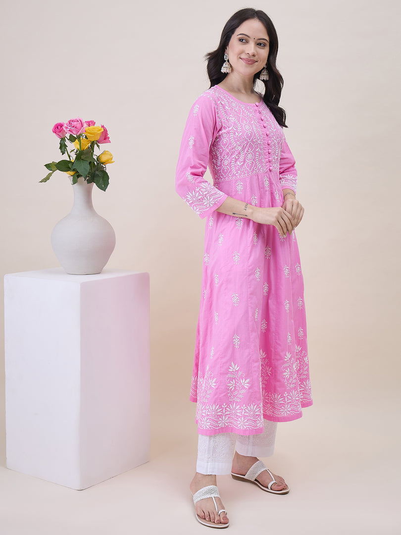 Pink Cotton Round Neck Anarkali with Chikankari Embroidery