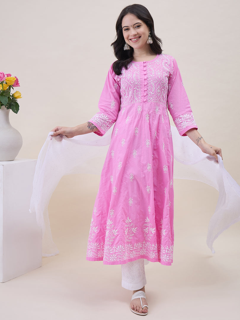 Pink Cotton Round Neck Anarkali with Chikankari Embroidery