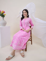 Load image into Gallery viewer, Pink Cotton Round Neck Anarkali with Chikankari Embroidery