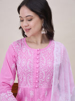 Load image into Gallery viewer, Pink Cotton Round Neck Anarkali with Chikankari Embroidery