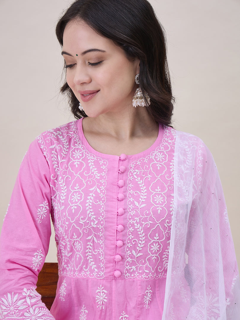 Pink Cotton Round Neck Anarkali with Chikankari Embroidery