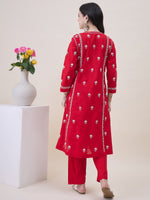 Load image into Gallery viewer, Red chikankari cotton kurta with yoke and front ties