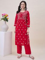 Load image into Gallery viewer, Red chikankari cotton kurta with yoke and front ties