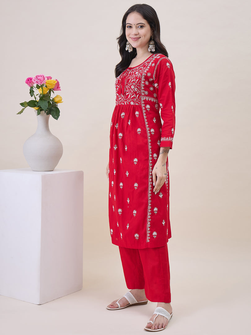 Red chikankari cotton kurta with yoke and front ties