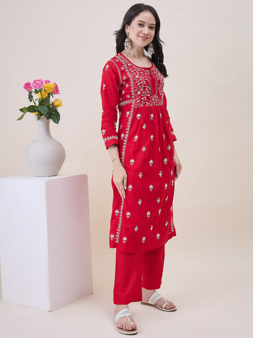 Red chikankari cotton kurta with yoke and front ties