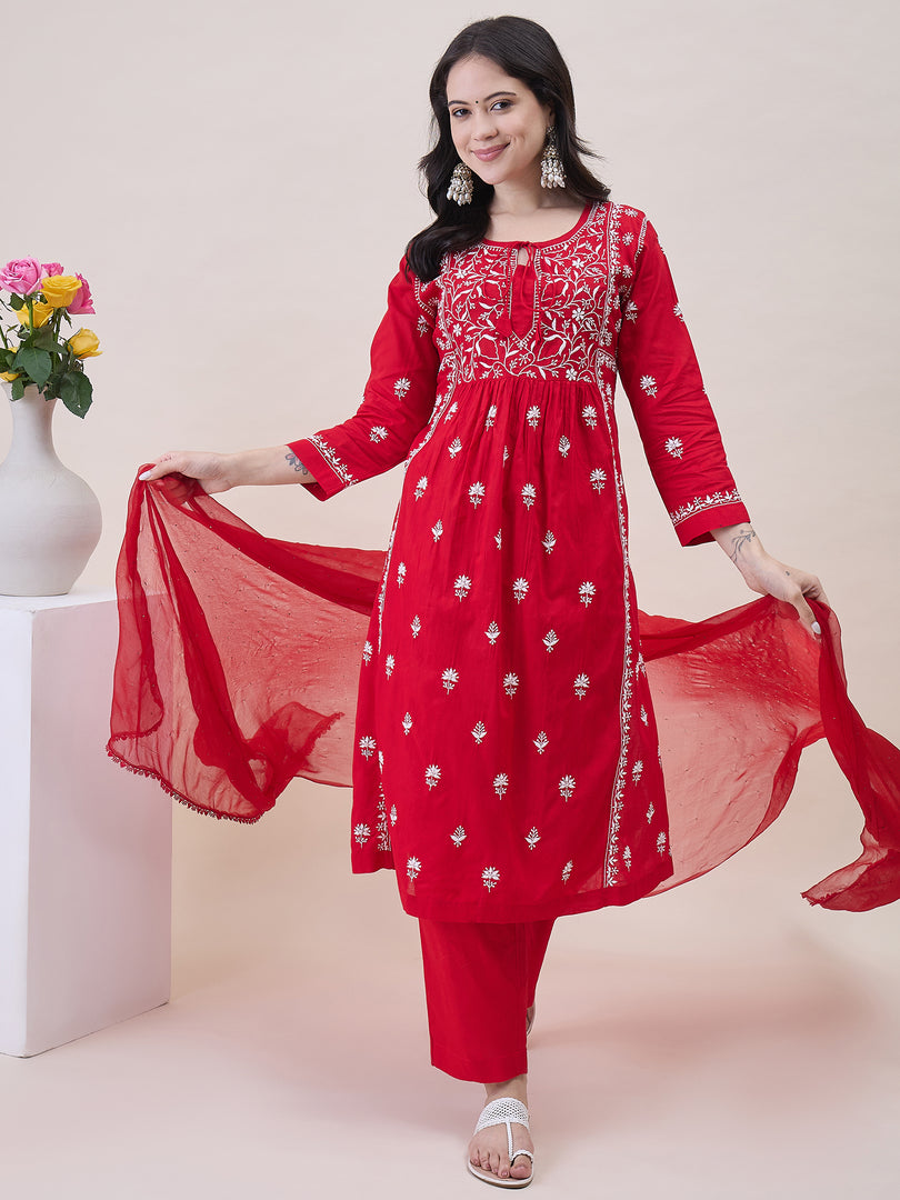 Red chikankari cotton kurta with yoke and front ties