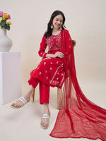 Load image into Gallery viewer, Red chikankari cotton kurta with yoke and front ties
