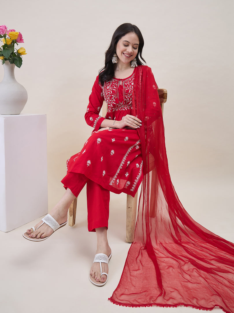 Red chikankari cotton kurta with yoke and front ties