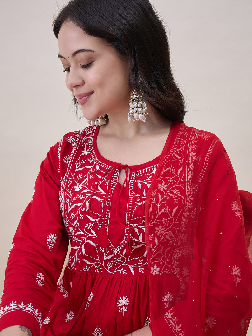 Red chikankari cotton kurta with yoke and front ties