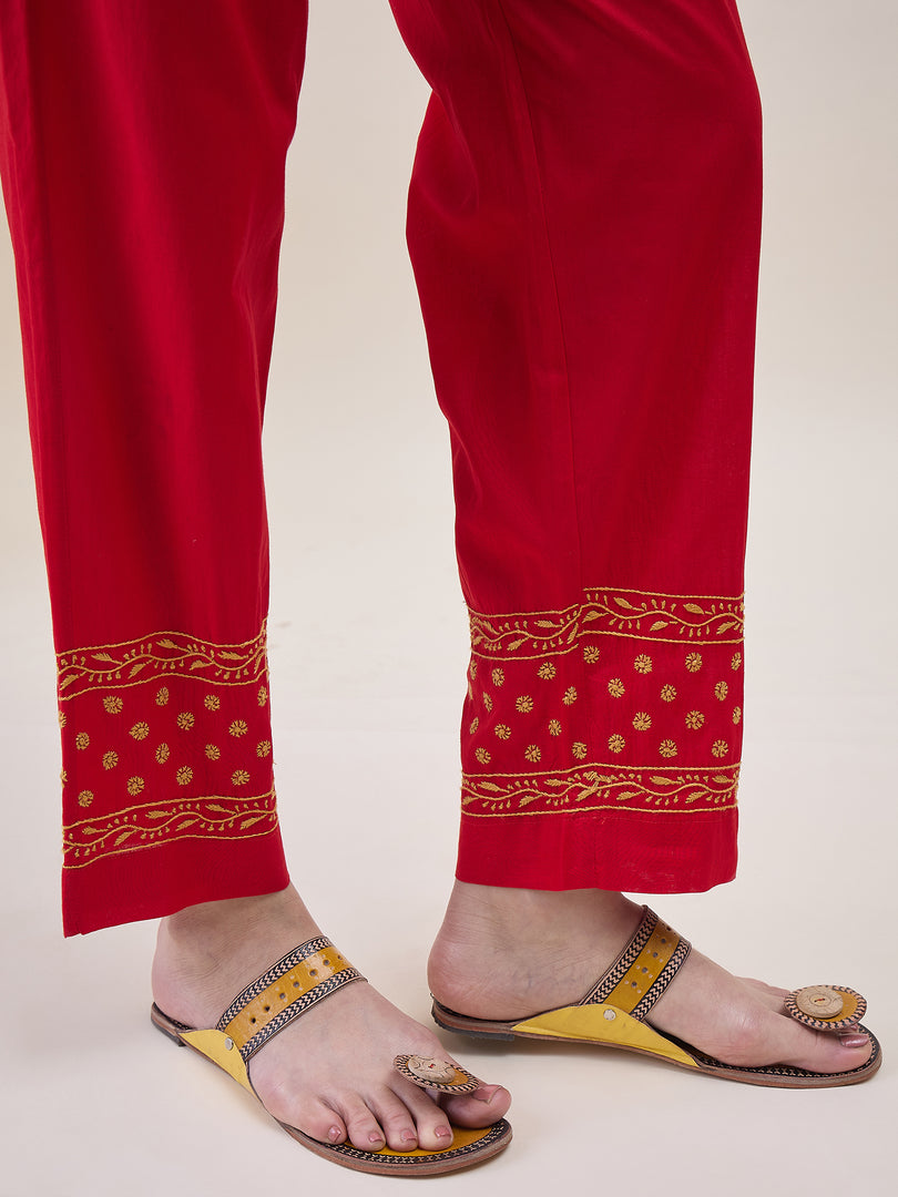 Red Chikankri Embroidered Cotton Kurta With Pants(Set Of 2)