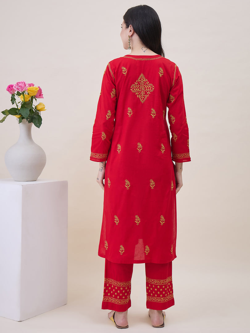 Red Chikankri Embroidered Cotton Kurta With Pants(Set Of 2)