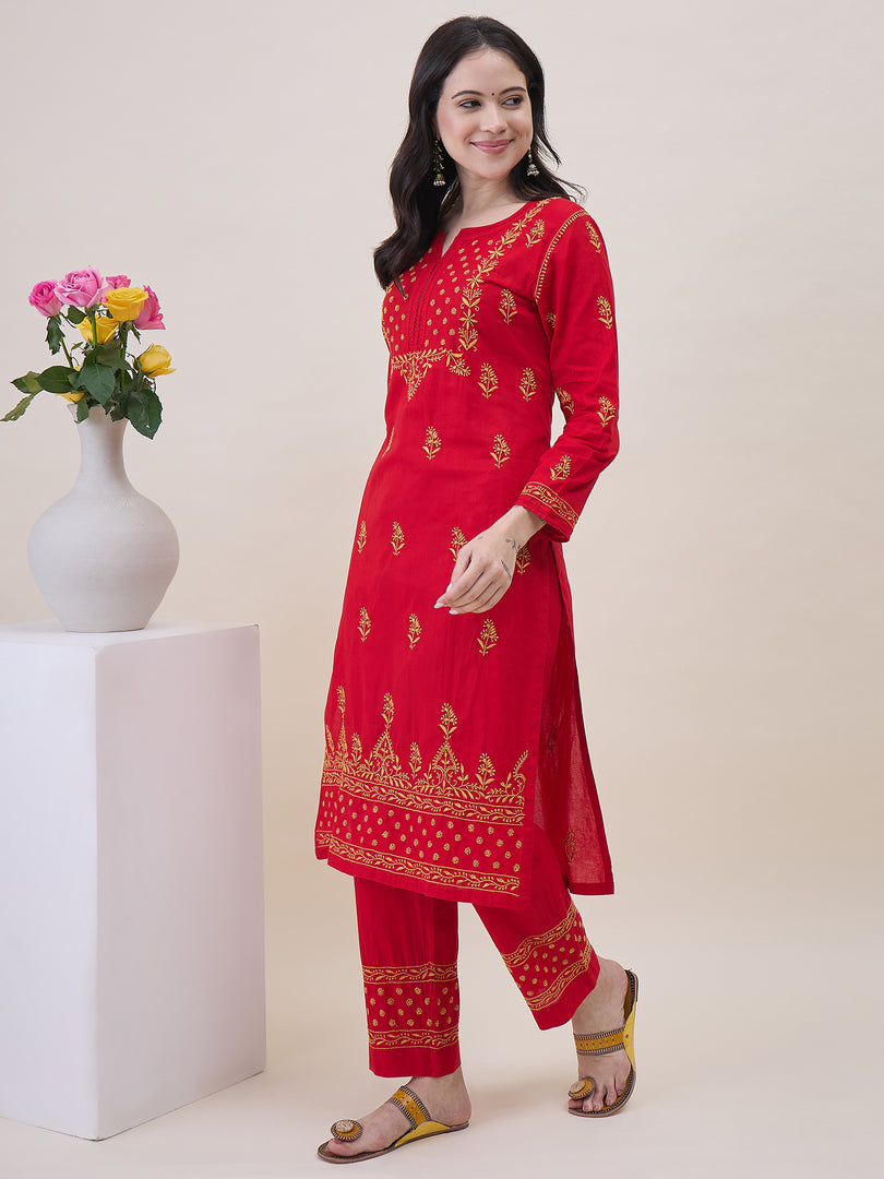 Red Chikankri Embroidered Cotton Kurta With Pants(Set Of 2)