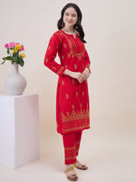 Load image into Gallery viewer, Red Chikankri Embroidered Cotton Kurta With Pants(Set Of 2)