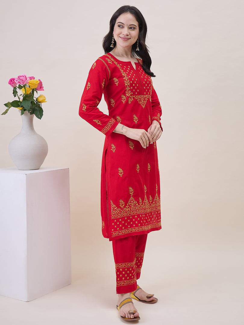 Red Chikankri Embroidered Cotton Kurta With Pants(Set Of 2)