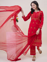 Load image into Gallery viewer, Red Chikankri Embroidered Cotton Kurta With Pants(Set Of 2)