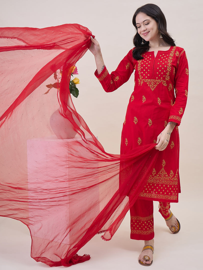 Red Chikankri Embroidered Cotton Kurta With Pants(Set Of 2)