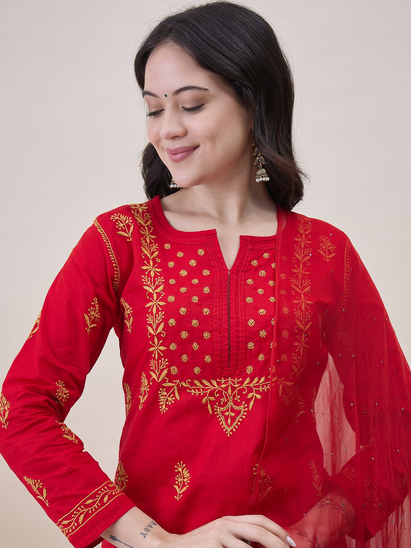 Red Chikankri Embroidered Cotton Kurta With Pants(Set Of 2)