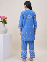 Load image into Gallery viewer, Blue Cotton Chikankari Short Kurta with Pants Set for Women
