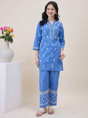 Blue Cotton Chikankari Short Kurta with Pants Set for Women