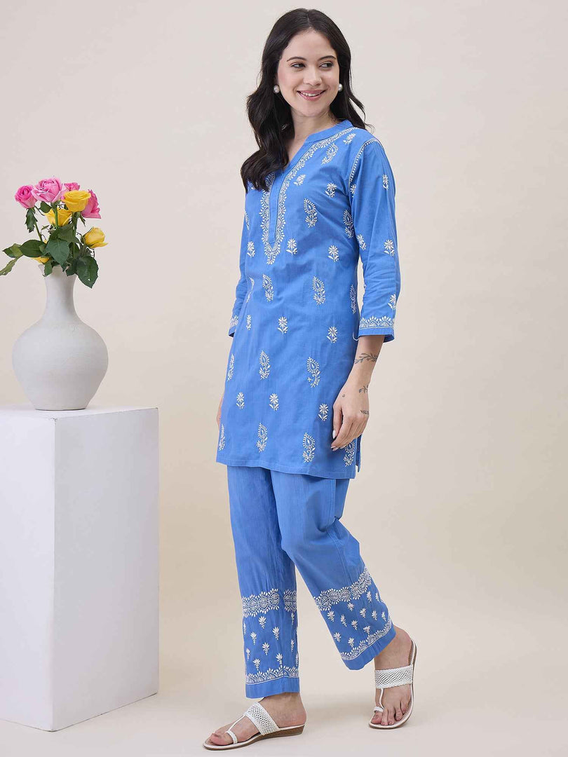 Blue Cotton Chikankari Short Kurta with Pants Set for Women